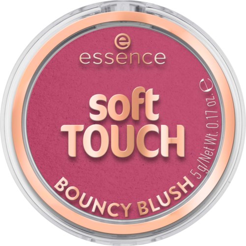 Ronde blushverpakking met label essence soft TOUCH BOUNCY BLUSH in roze met gouden details.