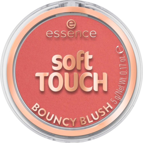 Ein runder Make-up-Container mit der Aufschrift essence soft TOUCH BOUNCY BLUSH in Pink- und Pfirsichtönen.
