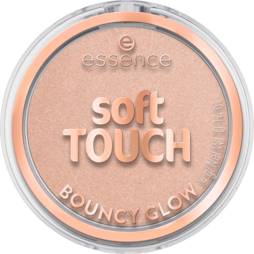 En kompakt makeupprodukt märkt essence soft TOUCH Bouncy Glow, med ett persikofärgat puder i ett genomskinligt runt skal.