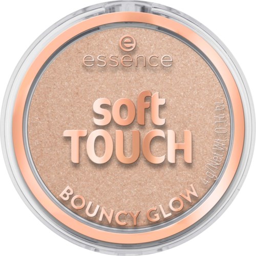En rund makeupprodukt med beige puder, rosa och vita texten, märkt 'essence soft TOUCH BOUNCY GLOW'.