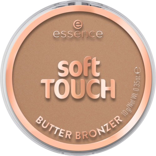 Ett runt makeupprodukt i rosa och beige färger, märkt som essence soft touch butter bronzer, 10 gram.