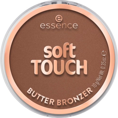 En rund burk för essence soft touch butter bronzer i beige färg med rosa och bruna detaljer och text.