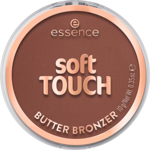 Pyöreä meikkipakkaus, ruskean ja vaaleanpunaisen sävyinen, nimeltä essence soft touch butter bronzer, 10 grammaa.