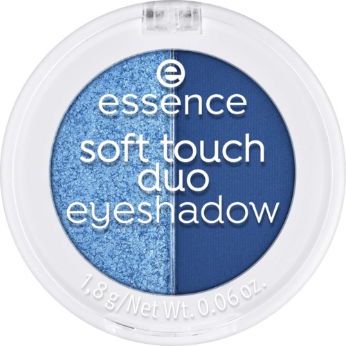 En rund ögonskuggaskål med delning: ljusblå och mörkblå, märkt 'essence soft touch duo eyeshadow'.
