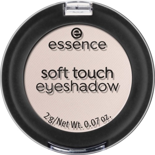 A round eyeshadow container labeled 'essence soft touch eyeshadow' with a beige color inside.