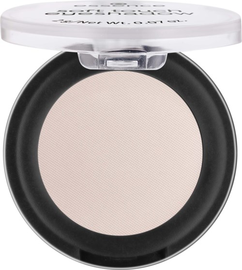 A compact powder container with a white lid and a light beige powder inside.