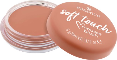 A small round container with beige blush and a pink lid labeled essence soft touch mousse blush.