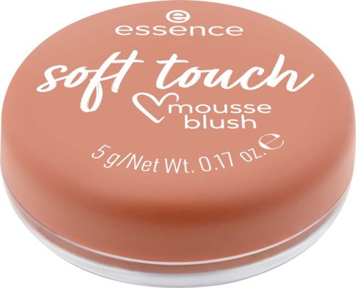 A round blush container labeled essence soft touch mousse blush, 5g, with a soft peach color.
