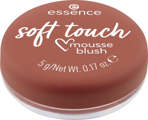 Ett runt makeupprodukt märkt essence soft touch mousse blush, 5 gram, med text och logga på toppen.