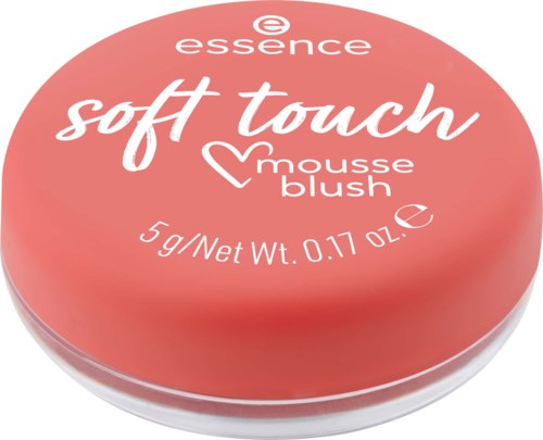 En rosa rund behållare för blushsmink med vit och rosa text, inklusive varumärkesnamn och produktbeskrivning.