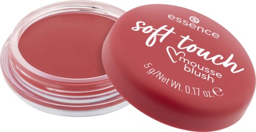 En liten rund behållare med rosa blush som heter Essence soft touch mousse, med locket av.