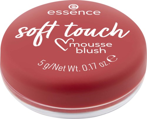 En rund behållare med Essence soft touch mousse blush, 5g, i rosa färg med vit och rosa text.