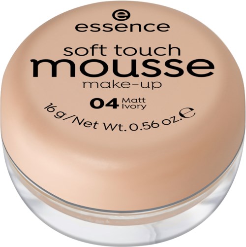 Dies ist ein Behälter mit essence soft touch mousse Make-up in Elfenbeinfarbe.