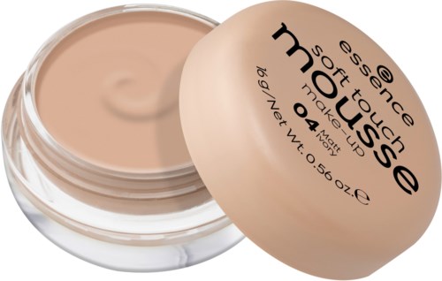 Ein kleiner Behälter mit beige Foundation, offener Deckel zeigt glatte Makeup-Creme.
