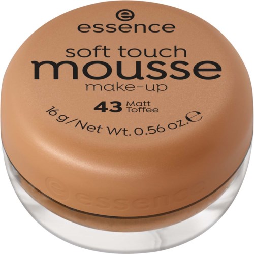 Ein runder Make-up-Behälter mit der Aufschrift "essence soft touch mousse" und Farbnummer 43 Matt Toffee.