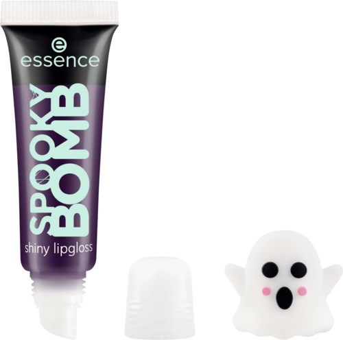 Lip gloss tube, ghost figure, small cap, and ghost with open mouth and pink cheeks. Halloween themed items.