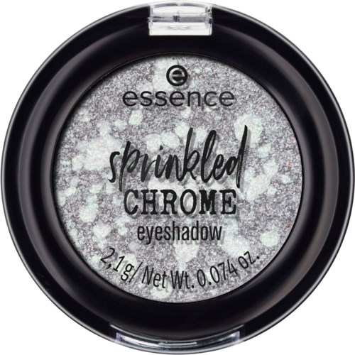 Ett runt ögonskuggashus med silverglittrig puder och svart etikett som säger 'sprinkled CHROME'.