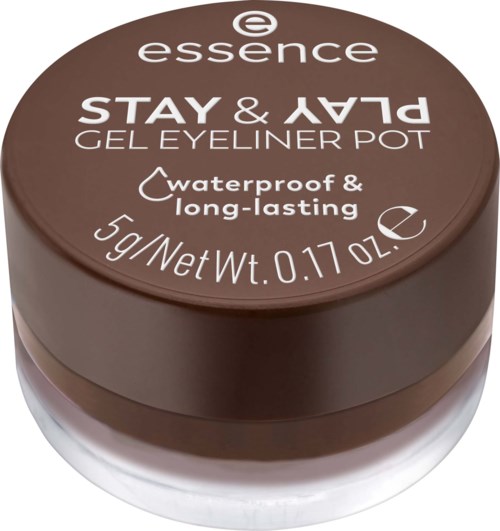 Pyöreä rasia, jossa lukee 'essence STAY & PLAY GEL EYELINER POT' ja on vedenkestävä ja pitkäkestoinen.