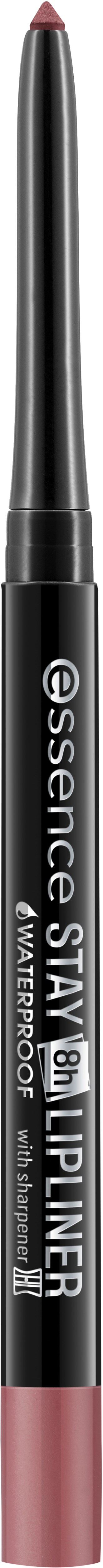 Ein Lippenkonturenstift mit schwarzem Körper und rosa Spitze, beschriftet 'Essence Stay Lip Liner' in Weiß.