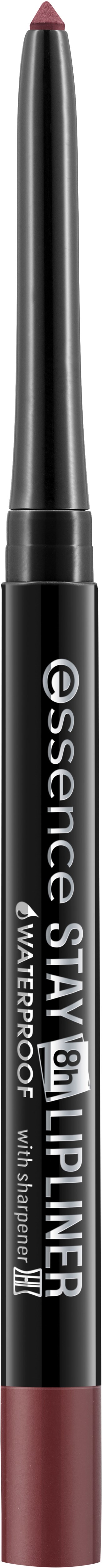 En makeupläppstiftskrita med svart kropp och röd spets, märkt 'Essence Stay.'