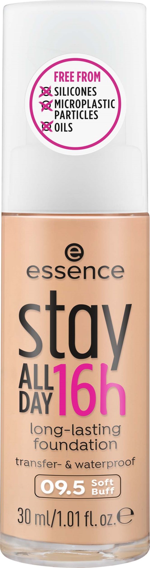 En flaska foundation märkt 'Stay All Day 16h' av Essence, med vattentätt och transferfritt egenskaper.
