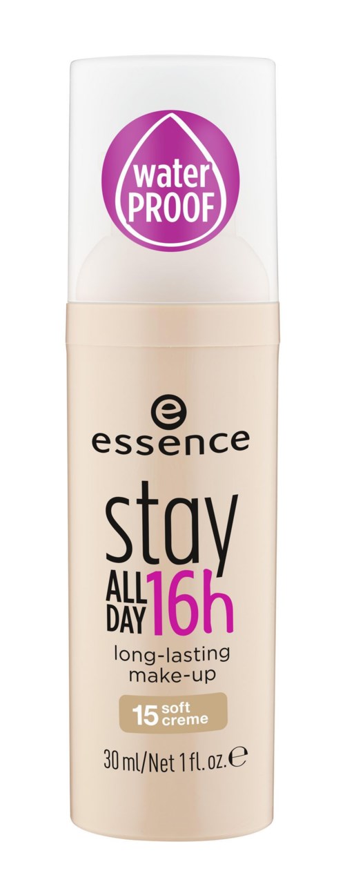 Beige Flasche mit Essence Stay All Day 16H langanhaltendes Make-up, wasserfest, mit SPF 15, weiche Creme. 30 ml.