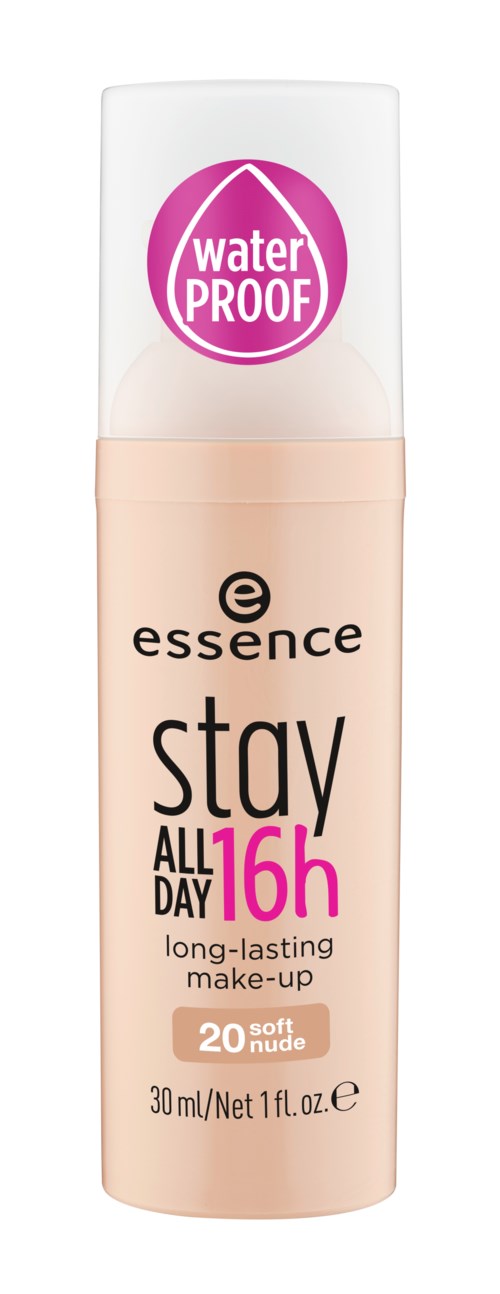 Beige Flasche Essence Stay Make-up, wasserfest und langanhaltend, 16 Stunden, SPF 20, 30ml.