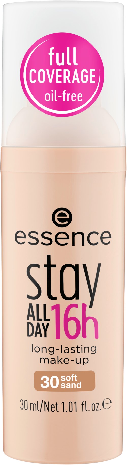 Eine beige Flasche Essence Stay All Day Foundation mit SPF 30, ölfrei, für volle Deckkraft und langanhaltendes Make-up.