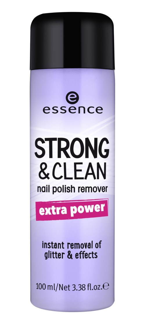En lång, lila och svart burk med Essence nagellacksborttagning med fet svart och rosa text.