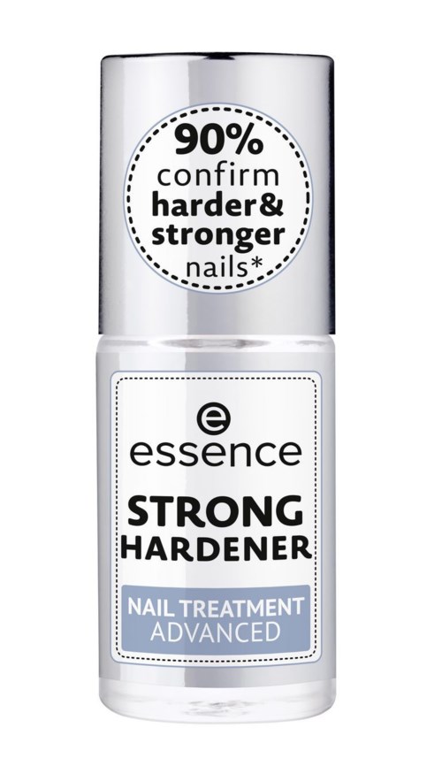 Eine weiße Flasche mit der Aufschrift 'Essence Strong Hardener' für Nagelbehandlung, die 90% Bestätigung für härtere und stärkere Nägel behauptet.