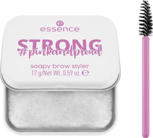 En liten boks med brynstylingprodukt og børste, merket 'Strong #pinkanproud' av Essence.