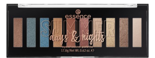 En palett med nio ögonskuggor i ett svart skal, märkt 'Summer days & nights' av Essence.