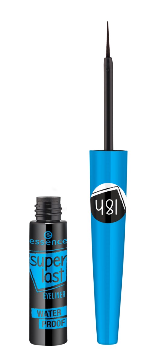 Ein blauer und schwarzer wasserdichter flüssiger Eyeliner mit Applikatorbürste.