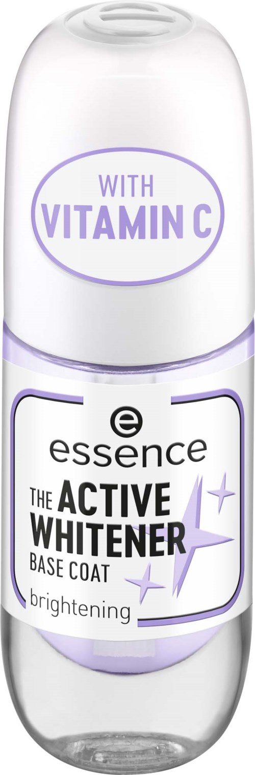 En hudvårdsflaska märkt med C-vitamin, essence och ljusnande aktiv vitare grundlack.