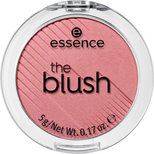 En rosa rouge-förpackning med svart text och enkel design, märkt 'essence', 'the blush', med viktinformation.