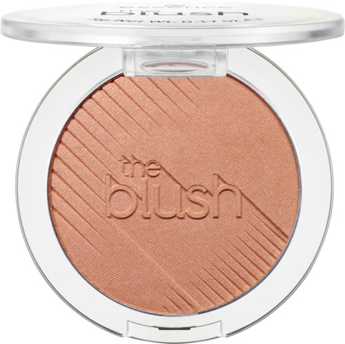En rund makeup-rouge med en logotyp och diagonala linjer på en persikofärgad yta i ett klart skal.