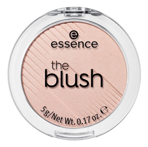 Ein runder Make-up-Deckel mit rosa und pfirsichfarbenem Rouge, klarem Deckel und schwarzem Text 'essence the blush.'