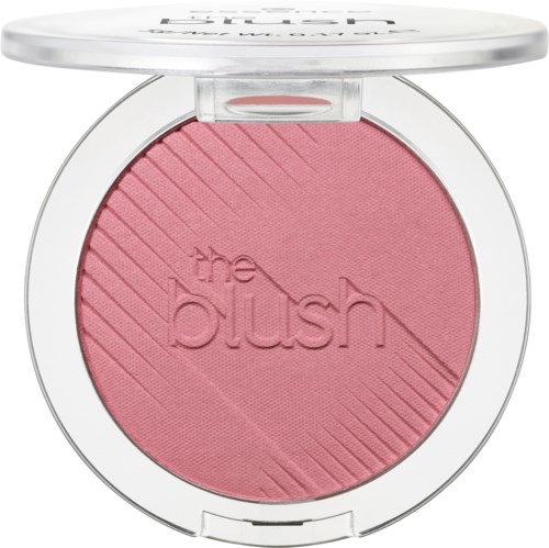 Rosa Blush mit diagonalen Linien und der Prägung "the blush". Runde Verpackung mit weißem Deckel.