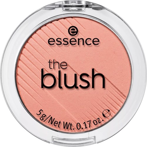 Runde Blush-Box mit pfirsichfarbener Rouge. Marke ist Essence, genannt "the blush."
