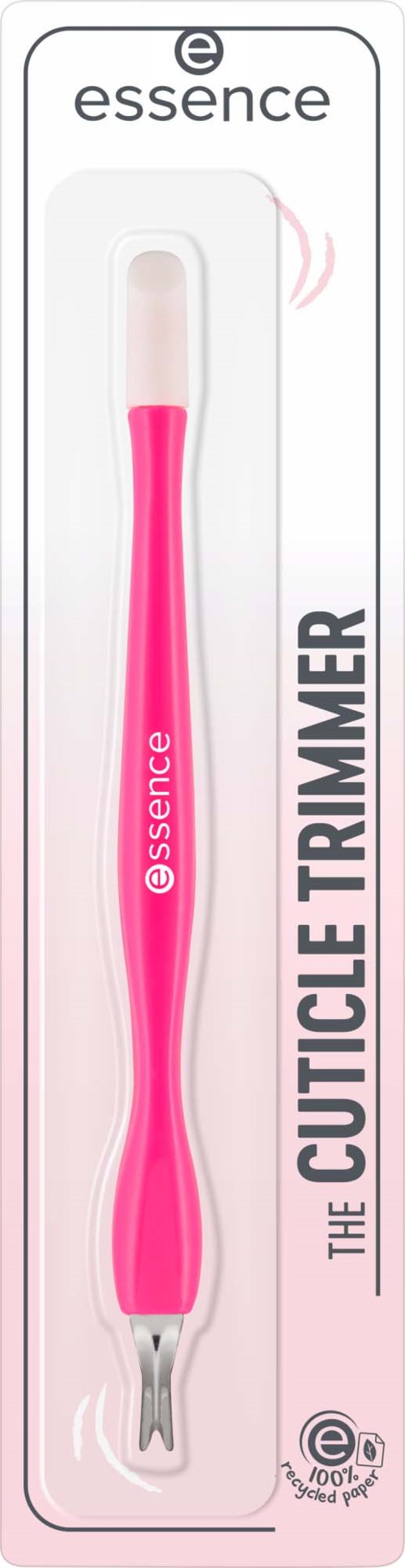 Een roze en witte tool met een metalen clip, gebruikt voor het trimmen van de nagelriemen, gemerkt 'the cuticle trimmer' en merk 'essence'.