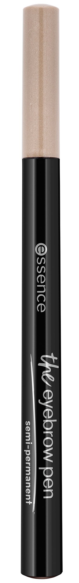 En svart ögonbrynspenna med en beige borste i toppen. Pennan har vit text och är designad för makeup.