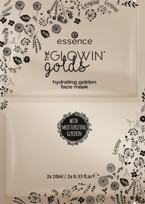 En beige förpackning med svarta blommor och blad, visar en ansiktsmaskprodukt kallad 'The Glowin' Golds'.