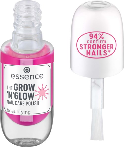 En rosa nagellackflaska med vit lock som påstår att naglar är 94% starkare i vit text.