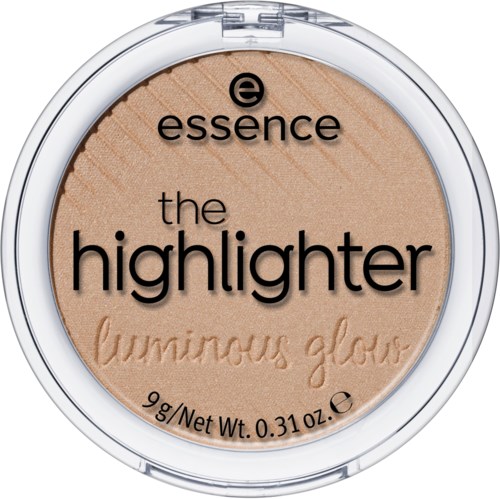 A compact with a beige highlighter, name 'essence', and words 'luminous glow' embossed on it.