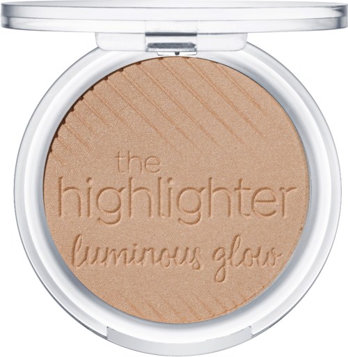 A round compact with beige highlighter, labeled 'the highlighter luminous glow'. The lid is open, showing the product inside.