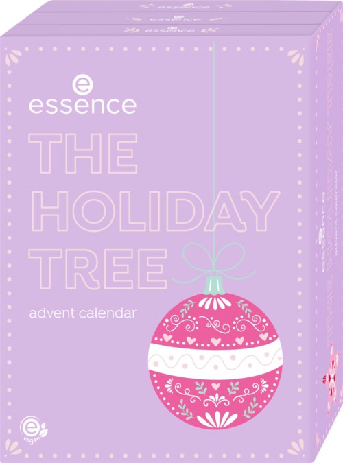 En lavendelfärgad box med titeln The Holiday Tree, ett adventskalender från Essence med en illustration av en rosa julgranskula.