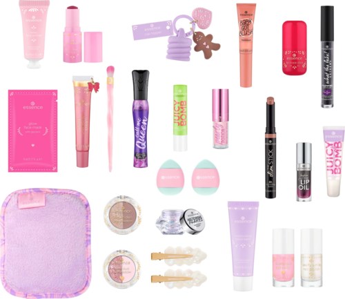 En samling av rosa, lila och neutrala skönhetsprodukter med förpackningar, swatches och verktyg.