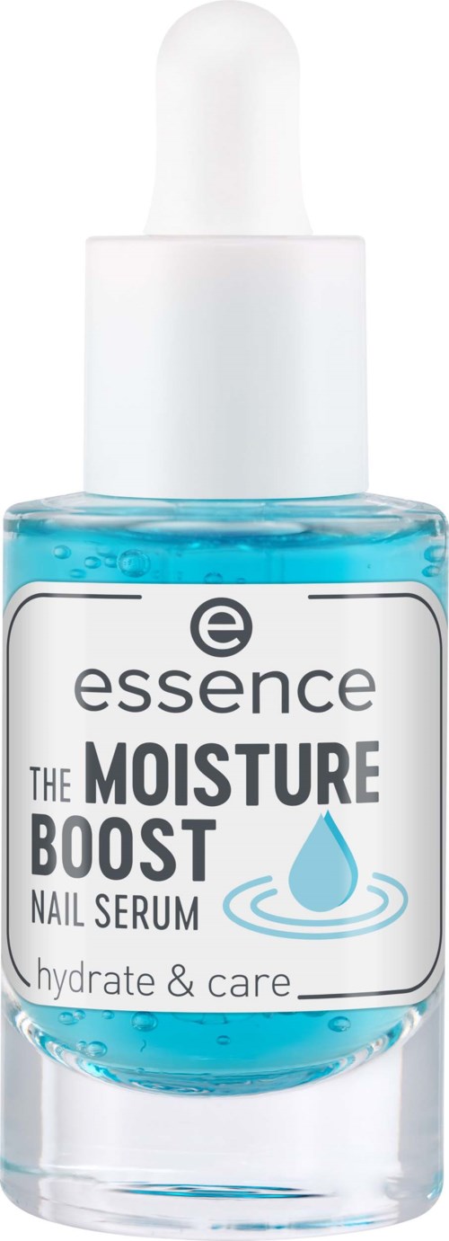 Eine kleine Flasche mit blauem Nagelserum, weißem Tropfendeckel, beschriftet Essence Moisture Boost für Nägel.