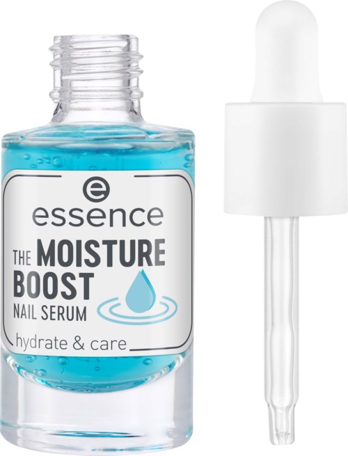Kleine Flasche mit blauem Nagelserum und Pipette. Es heißt "The Moisture Boost Nail Serum".