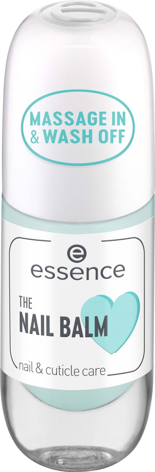 A white bottle of nail balm with blue text and a heart symbol, says 'Massage in & wash off,' for nail and cuticle care.